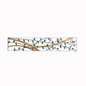 May include: A metal wall decor featuring a stylized design of branches with green leaves and gold accents. Small birds are depicted flying among the branches.