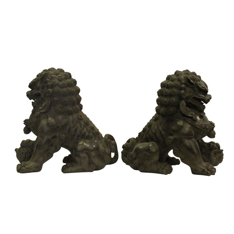Pair Chinese Distressed Brown Black Marble Like Fengshui Foo Dogs ws287E image 5