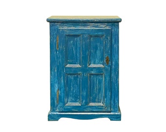 Distressed Blue Lacquer Slim Narrow Single Door Side Cabinet Chest cs7674E