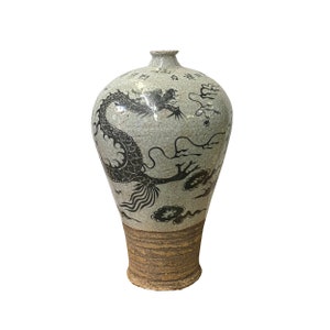 Chinese Crackle Gray Ceramic Hand-painted Dragon Vase ws1404E image 1