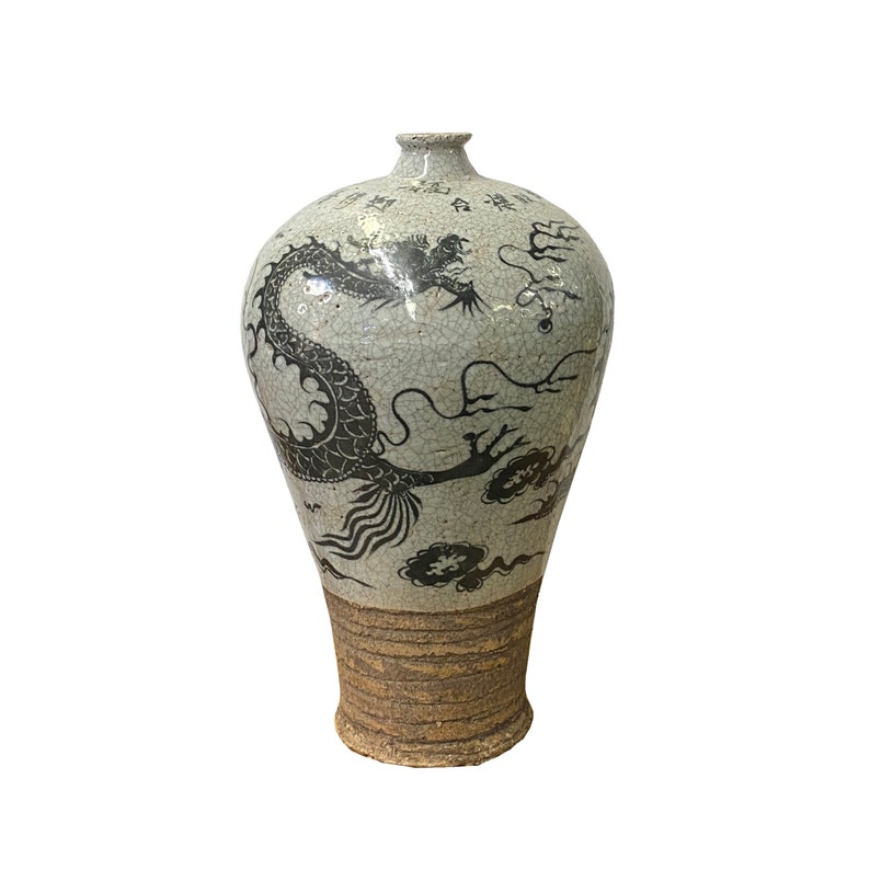 Chinese Crackle Gray Ceramic Hand-painted Dragon Vase ws1404E image 1