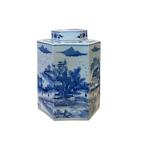 Chinese Blue & White Porcelain Trees Scenery Hexagon Jar Container ws2754E image 1