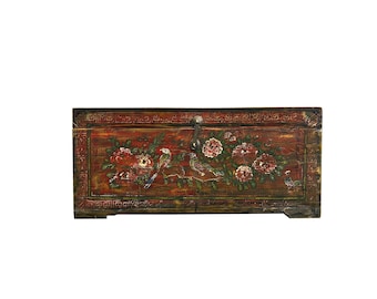 Vintage Rustic Red Brown Floral Bird Rectangular Wood Trunk Chest Table ws5007E