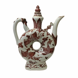 Chinese Off White Brick Blood Red Birds Graphic Theme Vase Jar ws1665E