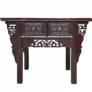 Chinese Vintage 2 Drawers Carving Brown Side Table Cabinet cs7752E image 1