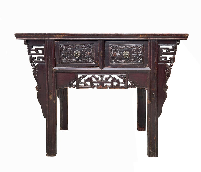 Chinese Vintage 2 Drawers Carving Brown Side Table Cabinet cs7752E image 1