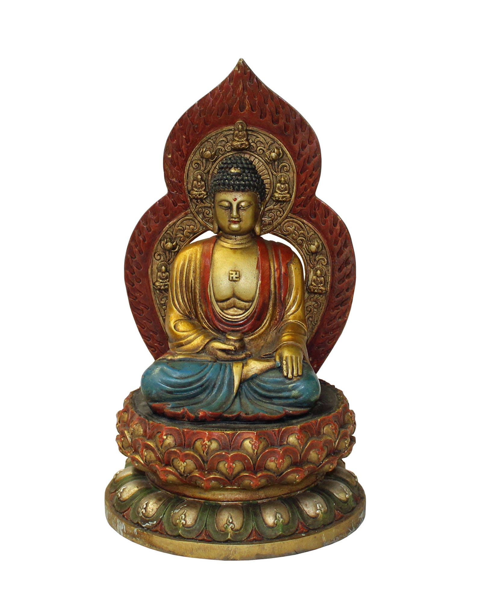 Chinese Golden Paint Relief Motif Dressing Metal Sitting Amitabha Buddha Statue cs3210E