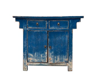 Chinese Oriental Distressed Bright Blue Credenza Side Foyer Table cs7492E
