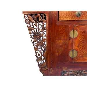 Chinese Rustic Brown Vintage Point Edge Flower Apron Console Cabinet cs7305E image 5