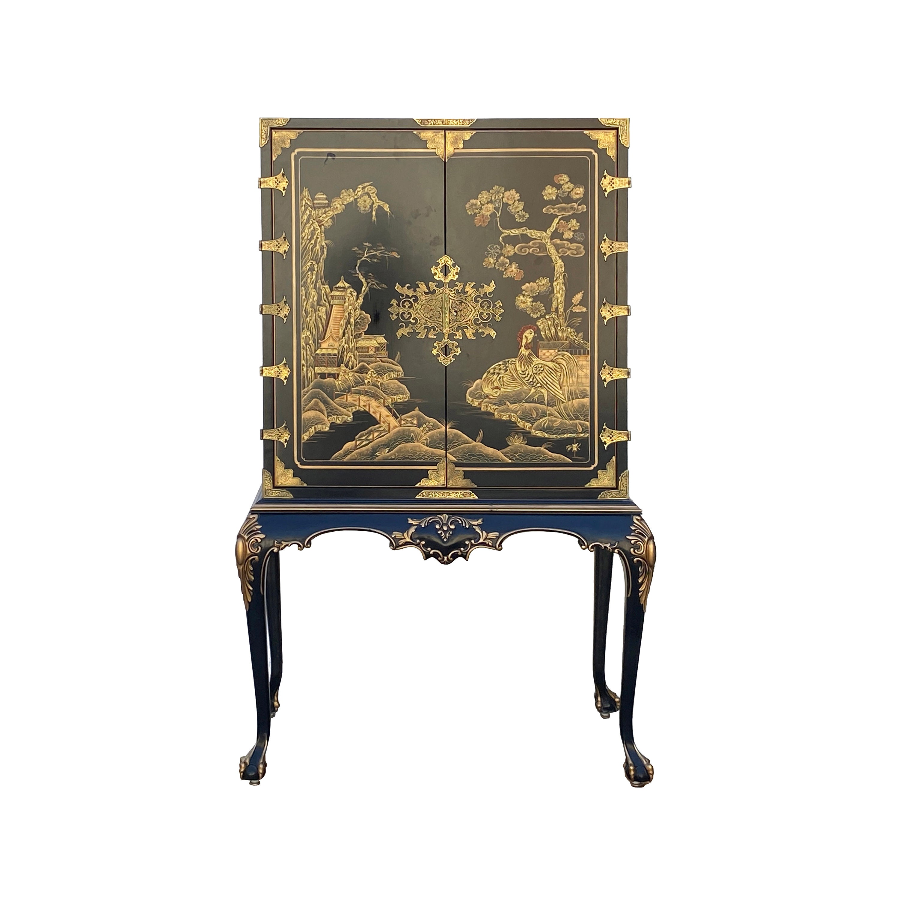 Vintage Chinoiserie Black and Gold Graphic Claw Legs Cabinet