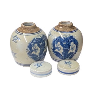 Pair Blue White Small Oriental Double Kids Porcelain Ginger Jars ws1378E image 3