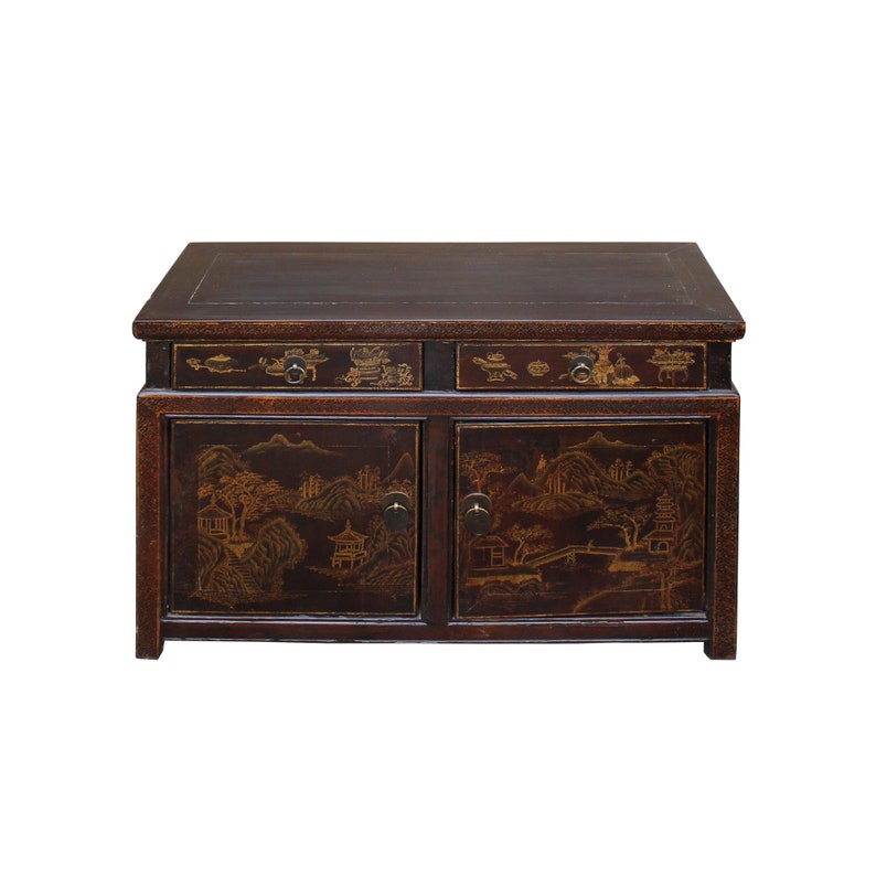 Chinese Distressed Brown Floral Motif Low Table Cabinet cs5021E