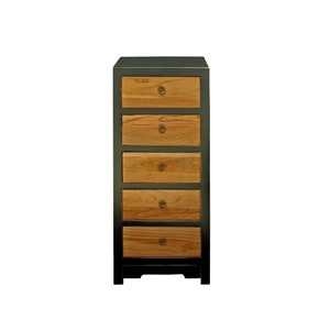 May include: A black wooden chest of drawers with six drawers. The drawers are made of light wood and have brass handles. The chest of drawers is standing on a white background.