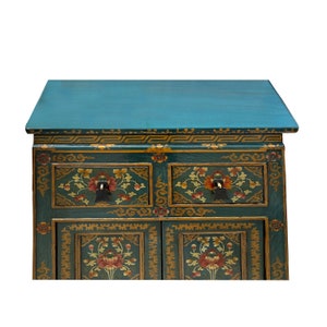 Distressed Teal Blue Green Tibetan Floral End Table Nightstand Cabinet cs7621E image 4