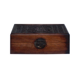 Chinese Brown Relief &quot;Fok&quot; Characters Motif Rectangular Storage Box Chest ws1049E