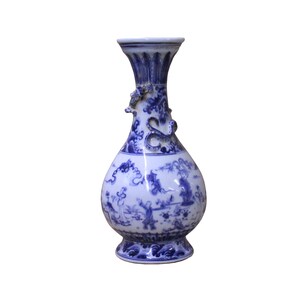 May include: A blue and white porcelain vase with a dragon design and a floral pattern. The vase has a round body and a narrow neck.