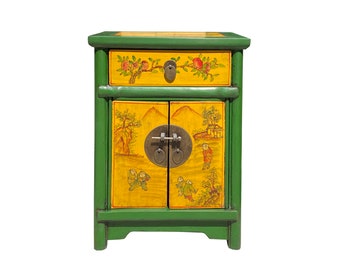 Oriental Distressed Green Yellow Kids Graphic End Table Nightstand cs7339E