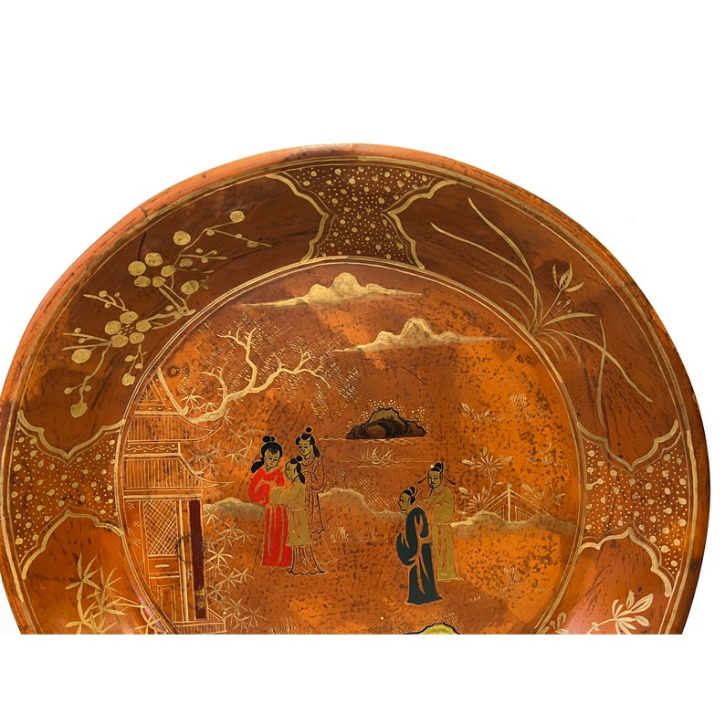 Chinoiseries Golden Graphic Brown Lacquer Round Display Disc Plate Tray ws3369E image 4