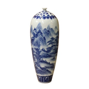 Chinese Blue White Porcelain Scenery Graphic Tiny Mouth Vase ws1108E image 1