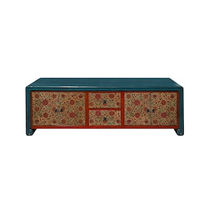 Chinese Tibetan Teal Blue Orange Floral Graphic Low TV Console Table cs7609E image 5