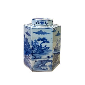 Chinese Blue & White Porcelain Trees Scenery Hexagon Jar Container ws2754E image 3