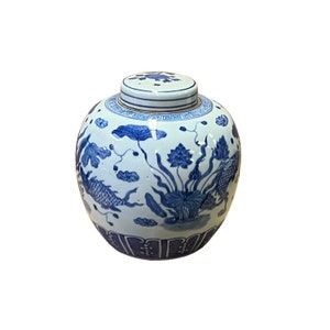 Chinese Hand-paint Flowers Fishes Blue White Porcelain Ginger Jar ws2818E image 2