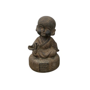Oriental Gray Stone Little Lohon Monk Drawing Book Statue ws3636E image 1