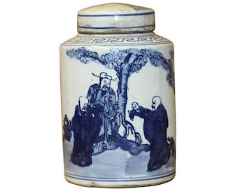 Chinese Blue White Ceramic Fok Lok Shou Graphic Container Urn Jar ws820E
