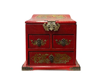 Chinese Oriental Red Flower Birds Mirror Rectangular Jewelry Box ws2529AE