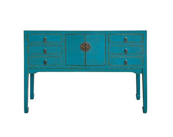 Distress Bright Blue Lacquer Tall Moon Face 6 Drawers Slim Foyer Table cs7566E