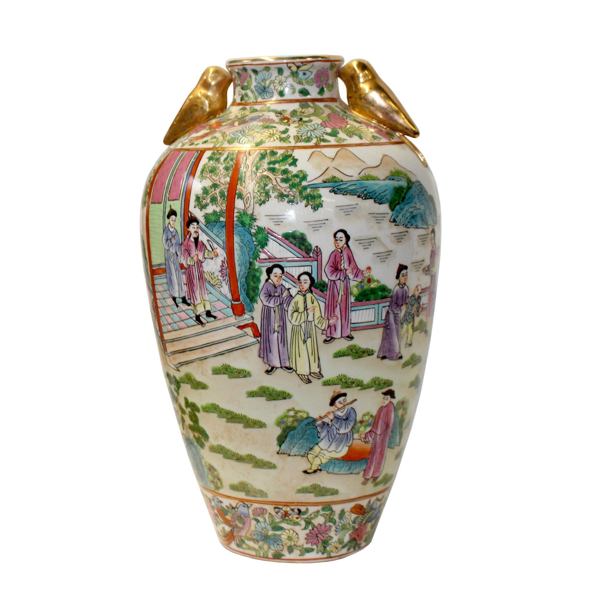 中国風人物画陶器花瓶 中国現地買付 蓋付き 丸壺 [草花文仙人人物絵] 中国雑貨 壺