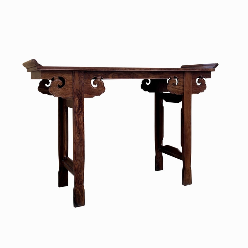 Chinese Brown Natural Wood Point Edge RuYi Apron Altar Console Table cs7730E image 5