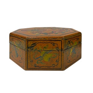 Chinese Distressed Light Brown Octagon Dragon Treasure Graphic Box ws2346E image 3
