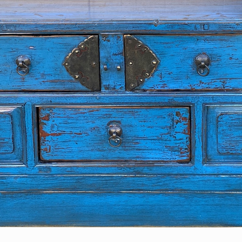Vintage Chinese Distressed Bright Blue Drawers Foyer Narrow Side Table cs7743E image 8