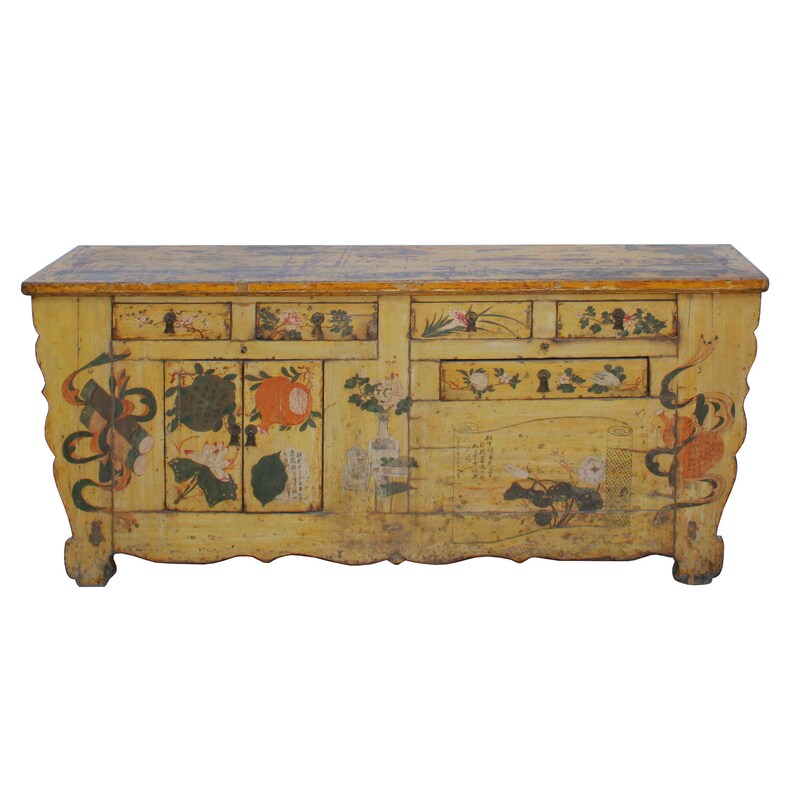 Chinese Distressed Yellow Oriental Flower Graphic TV Console Cabinet cs4539E image 2