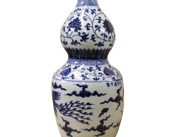 Chinese Blue White Porcelain Bird Graphic Gourd Shape Vase ws377E