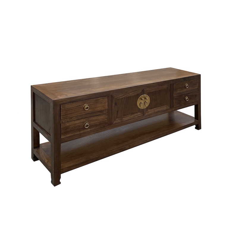 Chinese Oriental Brown Stain Low TV Console Moon Face Table Cabinet cs7572E image 3