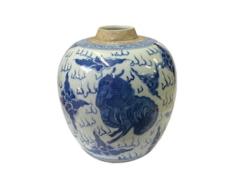 Oriental Handpaint Mythical Small Blue White Porcelain Ginger Jar ws2329E