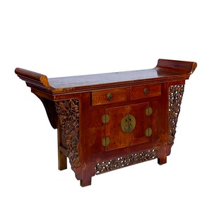 Chinese Rustic Brown Vintage Point Edge Flower Apron Console Cabinet cs7305E image 3