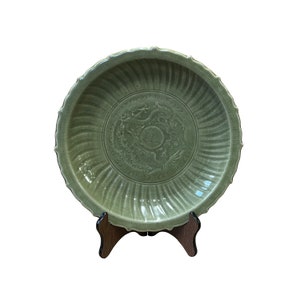 Chinese Celadon Green Phoenix Dragon Ceramic Display Charger Plate ws2614E image 1