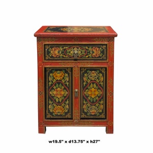 Tibetan Oriental Black Orange Red Floral End Table Nightstand cs6949E image 5