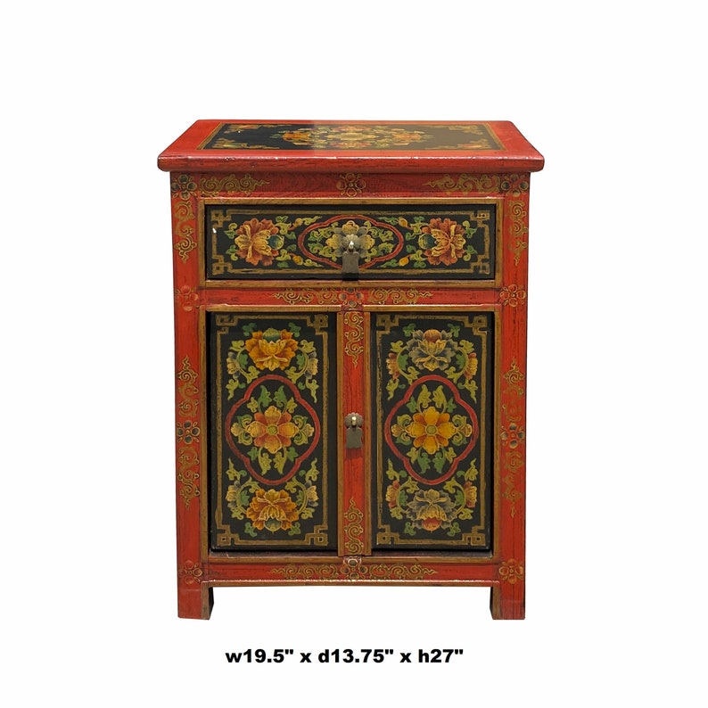 Tibetan Oriental Black Orange Red Floral End Table Nightstand cs6949E image 5