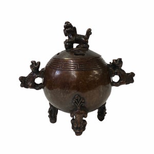 Oriental Brown Finish Metal Incense Burner with Foo Dogs Accent Lid ws1596E image 1