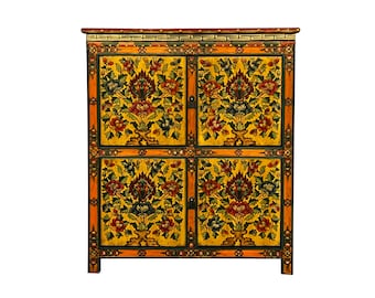 Chinese Tibetan Treasure Color Flower Graphic Credenza Storage Cabinet cs7400E