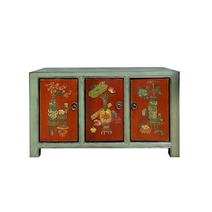 Chinese Vintage Gray Orange Flower Graphic Low TV Console Cabinet cs7427E image 1