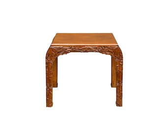 Vintage Oriental Floral Relief Carving Light Brown U Shape Stool Side Table ws3597E