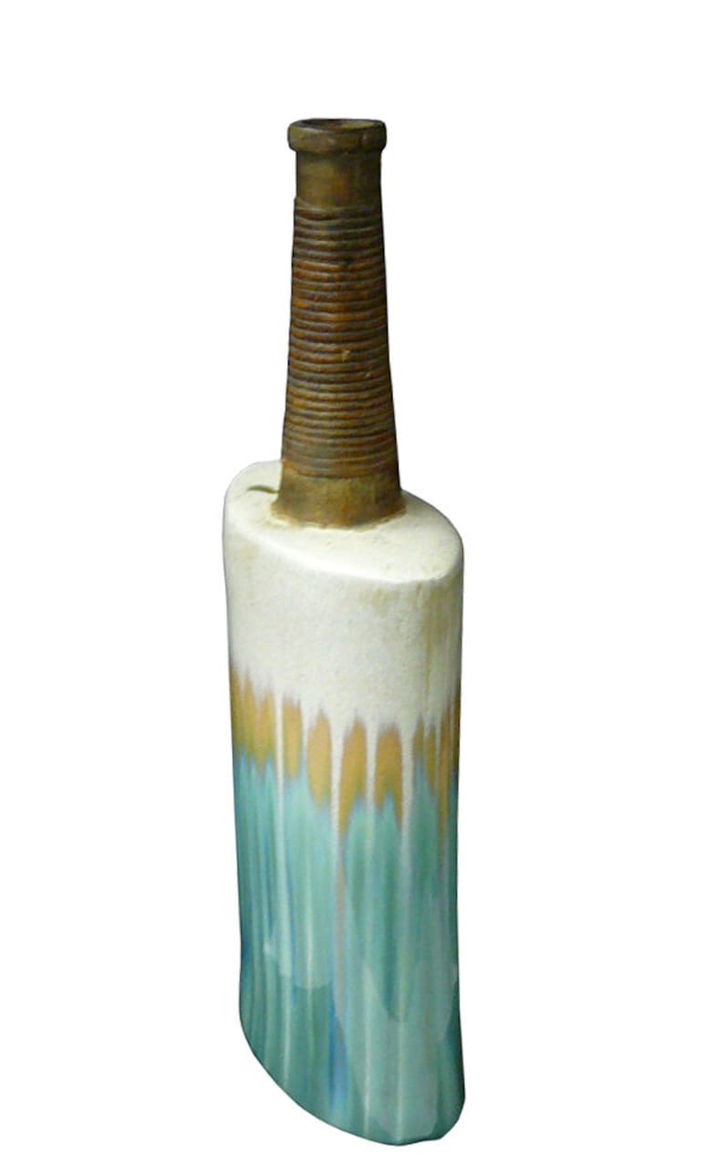 Modern Oval Shape Flat Tall Neck Ceramic Turquoise Bamboo Decor Vase ss980E image 2