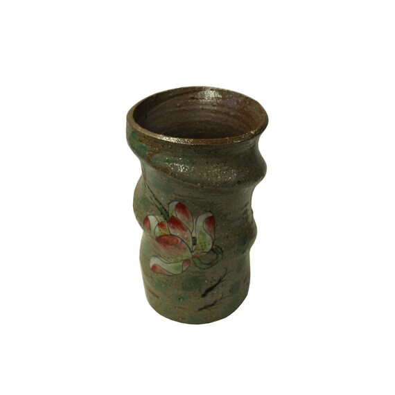 手作り陶器 ブラウン グレー 蓮の花 グラフィック ジャー 花瓶 ws2579E