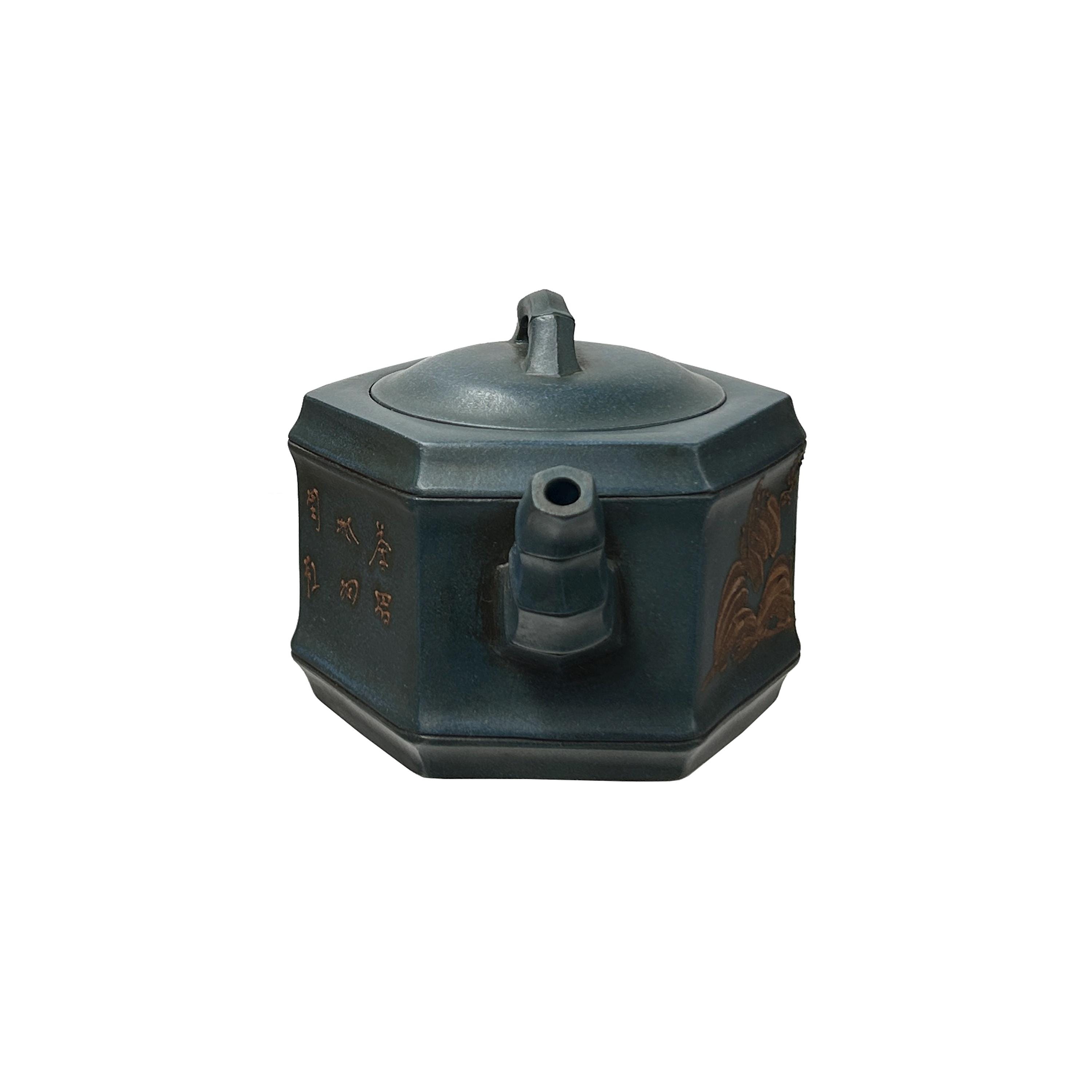 Vintage Chinese Gray Blue Hexagonal Bamboo Theme Zisha Clay Teapot