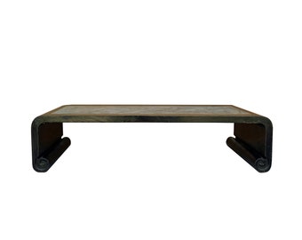 Distressed Black Lacquer Stone Top Scroll Legs Rectangular Coffee Table cs7287E